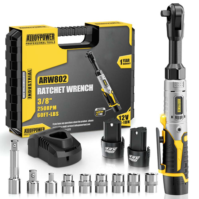 Alloypower 3/8" 12V Extended Cordless Ratchet Wrench Kit - 60 Ft-lbs(80 Nm) Torque