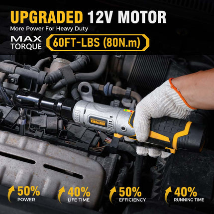 Alloypower 3/8" 12V Extended Cordless Ratchet Wrench Kit - 60 Ft-lbs(80 Nm) Torque
