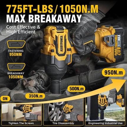 ALLOYPOWER 1/2" Cordless Brushless Impact Wrench Kit - 775 Ft-lbs (1050N.m) High Torque