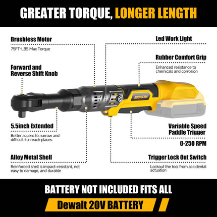 3/8" Cordless Ratchet Wrench for Dewalt 20V Battery - 102N.m (Tool Only)