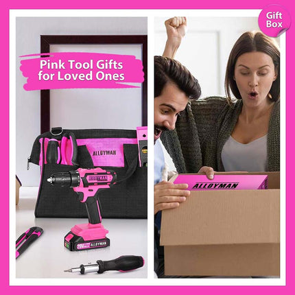 Alloyman 3/8 Inches Pink Drill Set for Women 135 Pcs Cordless Drill Tool Set with 1500Ah Battery and Charger