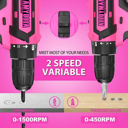 Alloyman 3/8 Inches Pink Drill Set for Women 135 Pcs Cordless Drill Tool Set with 1500Ah Battery and Charger