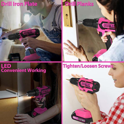 Alloyman 3/8 Inches Pink Drill Set for Women 135 Pcs Cordless Drill Tool Set with 1500Ah Battery and Charger