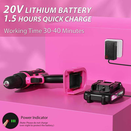 Alloyman 3/8 Inches Pink Drill Set for Women 135 Pcs Cordless Drill Tool Set with 1500Ah Battery and Charger