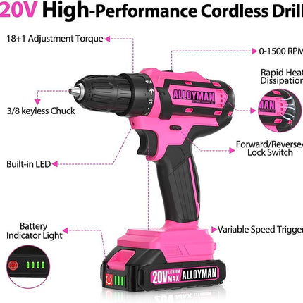 Alloyman 3/8 Inches Pink Drill Set for Women 135 Pcs Cordless Drill Tool Set with 1500Ah Battery and Charger