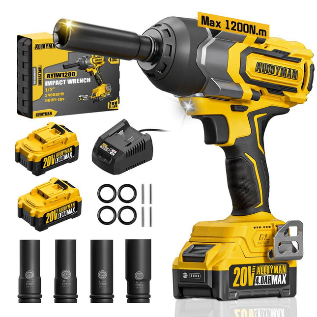 Alloyman 1/2" Cordless Brushless Impact Wrench Kit - 900 ft-lbs High Torque (1200N.m)