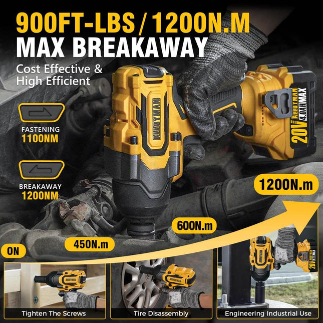 Alloyman 1/2" Cordless Brushless Impact Wrench Kit - 900 ft-lbs High Torque (1200N.m)