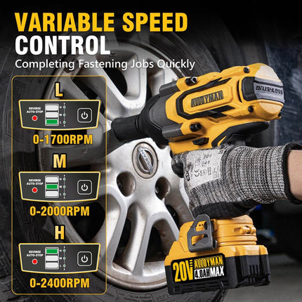 Alloyman 1/2" Cordless Brushless Impact Wrench Kit - 900 ft-lbs High Torque (1200N.m)