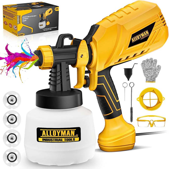 ALLOYMAN Paint Sprayer 650W HVLP 4 Nozzles and 3 Patterns with 1200ml Large Container Spray Gun