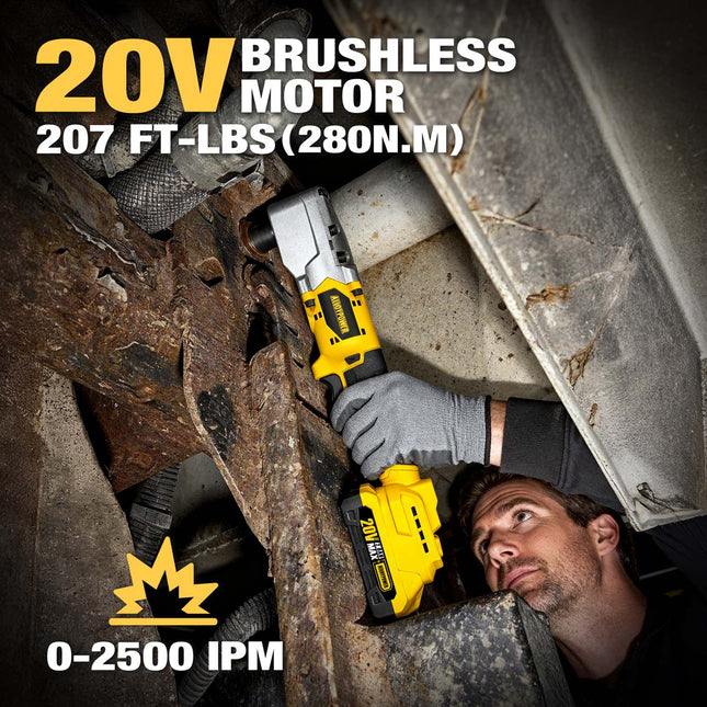 ALLOYMAN 20V Brushless Right Angle Impact Wrench - 207 FT-LBS High Torque with 2×2.0Ah Batteries