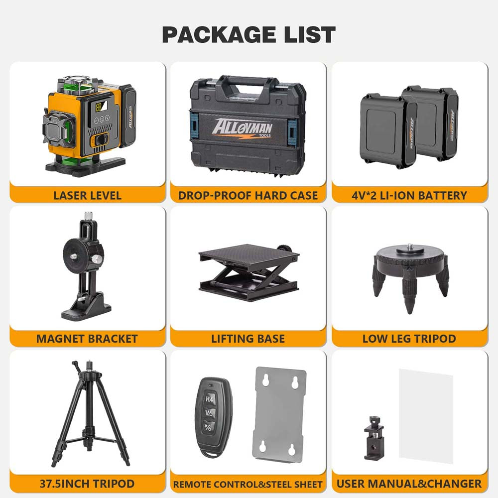 Alloyman 4x360° Green Laser Level - 16 Lines Self-Leveling (Incl. Tripod)