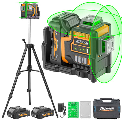 Alloyman Max 20V 3D Self-Leveling Laser Level - 3x360° Cross Line (Tripod & Hard Case Incl.)