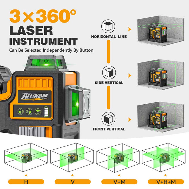 Alloyman Max 20V 3D Self-Leveling Laser Level - 3x360° Cross Line (Tripod & Hard Case Incl.)