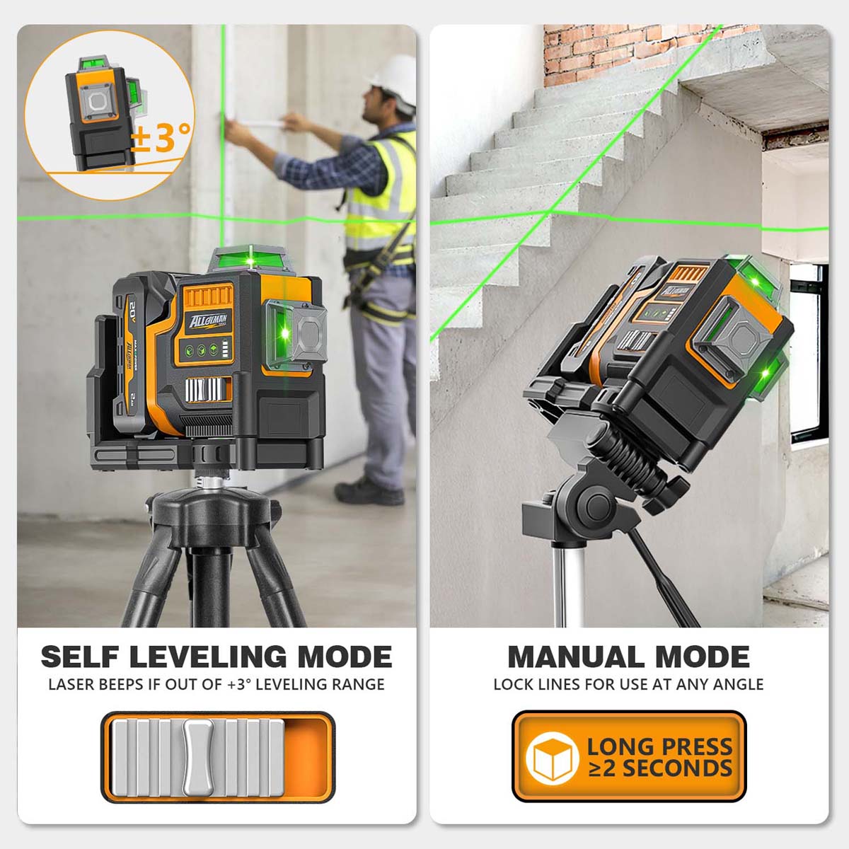 Alloyman Max 20V 3D Self-Leveling Laser Level - 3x360° Cross Line (Tripod & Hard Case Incl.)