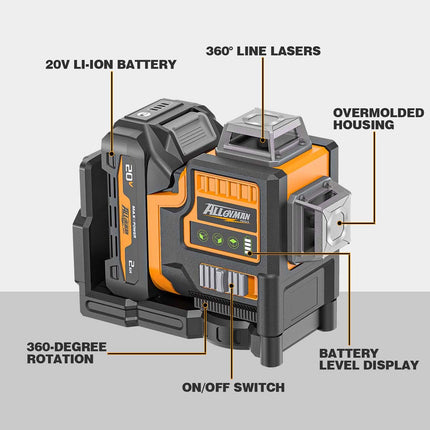 Alloyman Max 20V 3D Self-Leveling Laser Level - 3x360° Cross Line (Tripod & Hard Case Incl.)