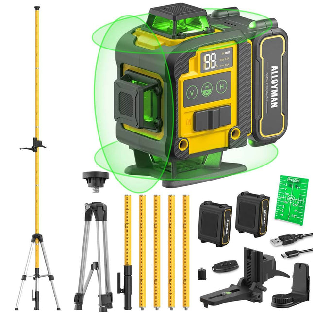 Alloyman 4x360° Green Laser Level - Incl. 12ft Pole & Tripod