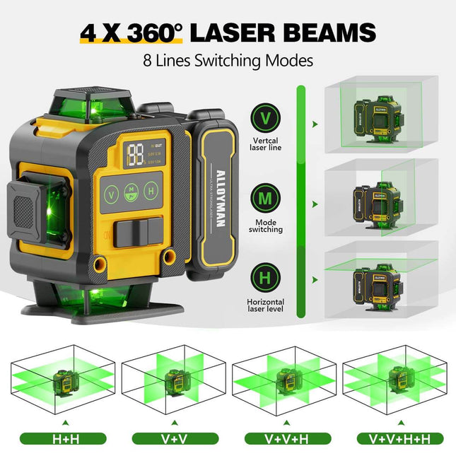 Alloyman 4x360° Green Laser Level - Incl. 12ft Pole & Tripod