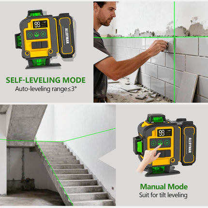 Alloyman 4x360° Green Laser Level - Incl. 12ft Pole & Tripod