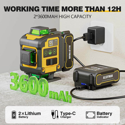 Alloyman 4x360° Green Laser Level - Incl. 12ft Pole & Tripod