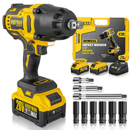 Alloyman 1/2" Cordless Brushless Impact Wrench Kit - 555 Ft-lbs(750 N.m)