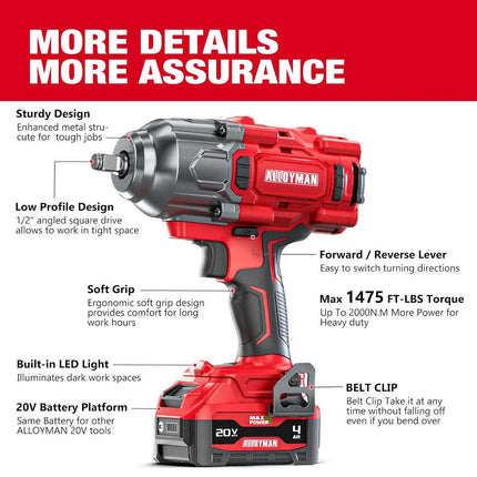Alloyman 1/2" Cordless Brushless Impact Wrench Kit - 1475 ft-lbs(2000N.m) High Torque - Red Kit