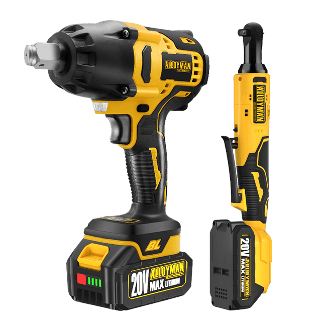 Llave de impacto y carraca de 20 V - Incluye 6 vasos, 3 extensiones, batería de iones de litio de 4,0 Ah y cargador rápido de 1 hora.