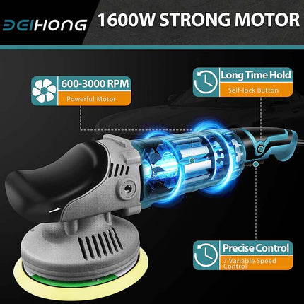 Pulidora y abrillantadora de coches Bei &amp; Hong de 7 velocidades variables (2800-5300 RPM), pulidora de 1600 W y 6 pulgadas con mango desmontable 