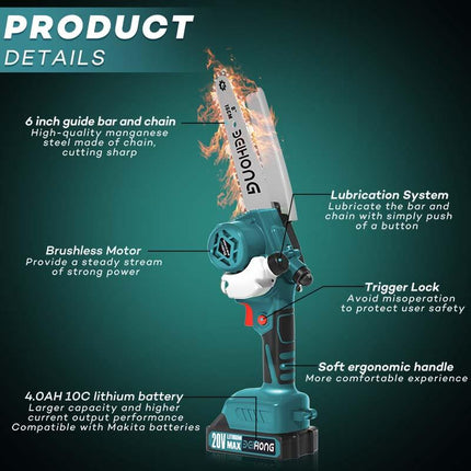 Mini motosierra inalámbrica Bei &amp; Hong de 6 pulgadas con motor sin escobillas mejorado y sistema de lubricación por aceite