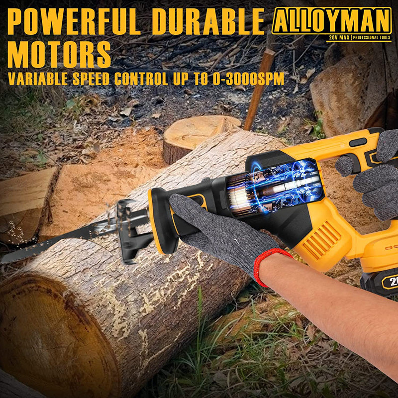 Alloyman Cordless Reciprocating Saw 0-3000 SPM Tool-free Blade Change and LED Light Power