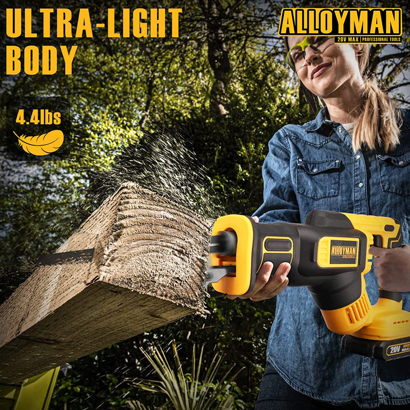 Alloyman Cordless Reciprocating Saw 0-3000 SPM Tool-free Blade Change and LED Light Power